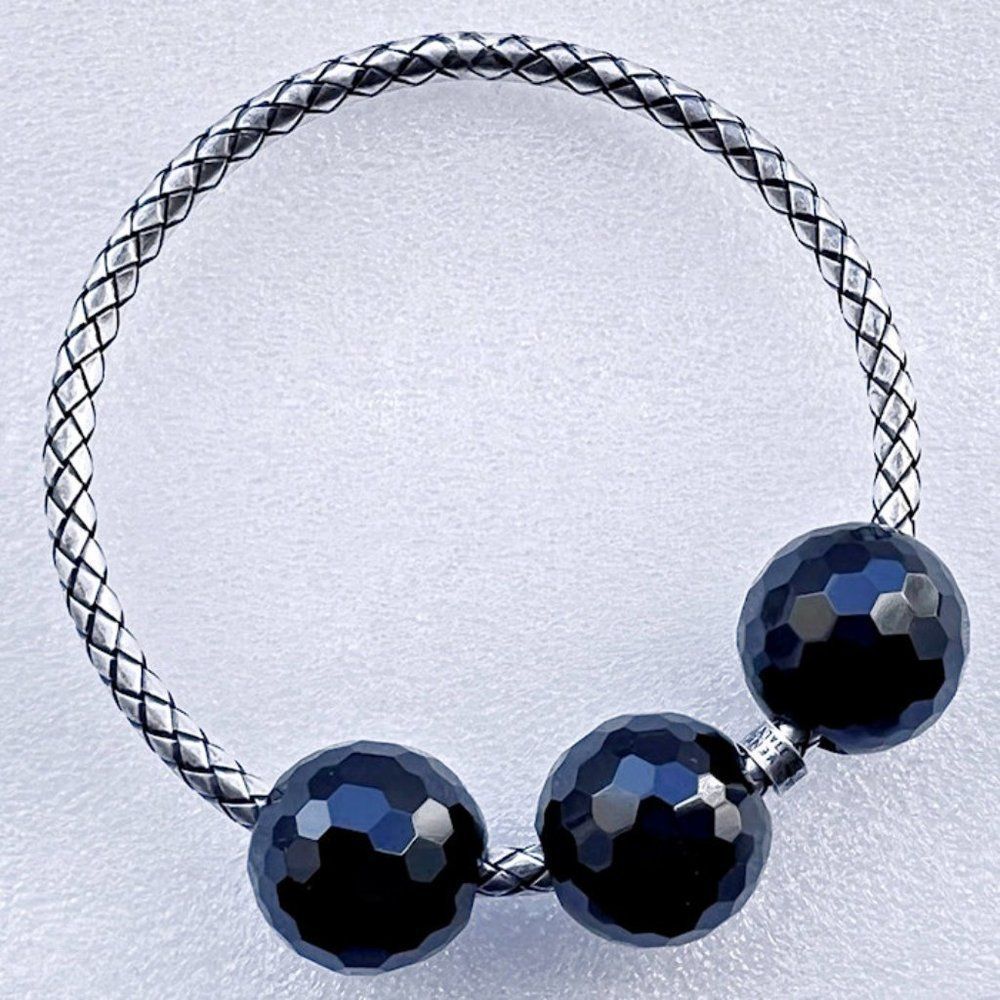 BOTTEGA VENETA Triple Onyx Bead Intrecciato Sterling Silver Bangle Bracelet